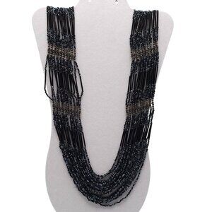 Long Flapper Style Multi-Strand Black Beaded Necklace With Adjustable Chain